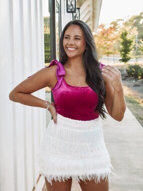 White Sequin Feather Mini Skirt Shorts | Sorority Concert Game Day